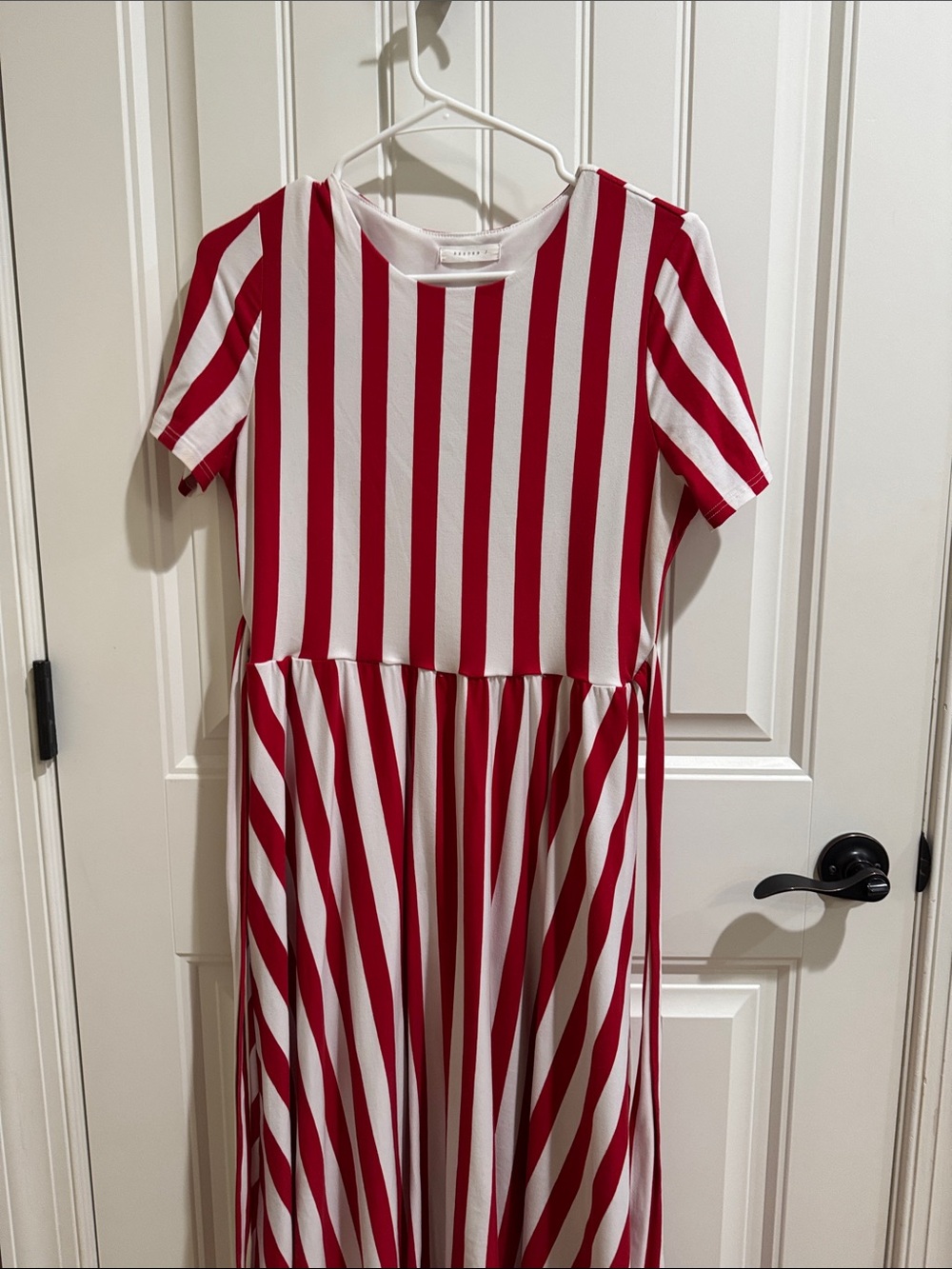 Reborn J Red and White Striped Short Sleeve Midi Dress